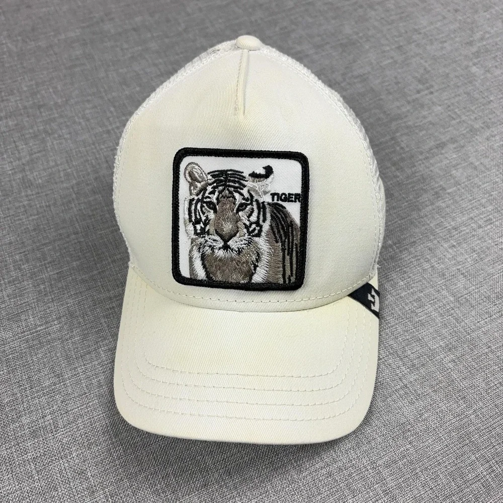 Goorin Bros Hat Cap Snap Back Mens White Tiger Patch Mesh Trucker Animal Farm